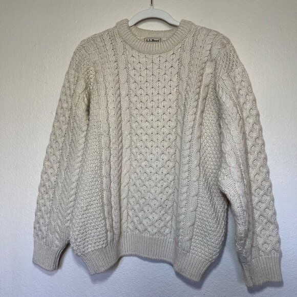 L.L. Bean Vintage Womens Cable Knit Sweater Medium wool Made In Ireland Cream - Picture 1 of 12